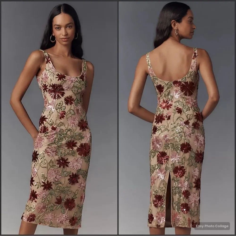 Mac Duggal 6124 Size 8 Scoop Neck Floral Beaded Mesh Midi Dress